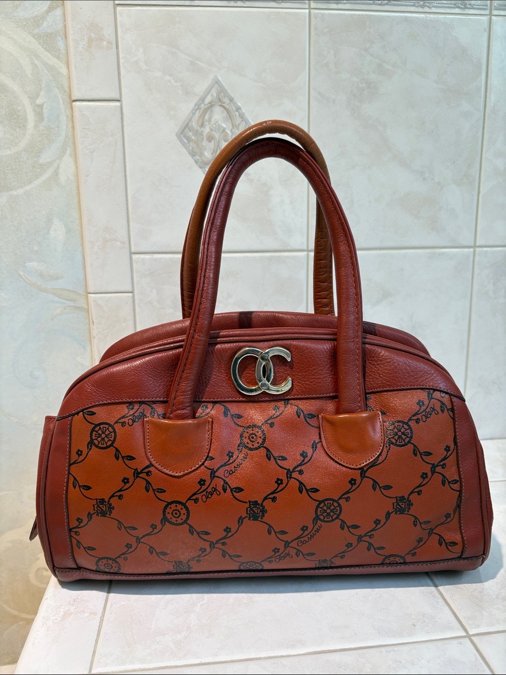 Oleg Cassini Vintage Logo Brown Two Tone Leather Satchel Handbag
